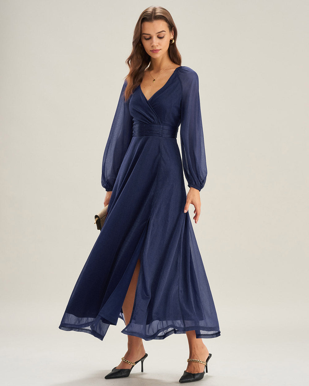Blue V Neck A-Line Maxi Dress | Rihoas