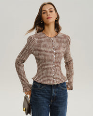 Brown Plaid Shirred Poet Sleeve Blouse | Rihoas