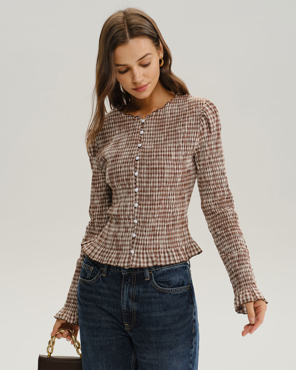 Brown Plaid Shirred Poet Sleeve Blouse | Rihoas
