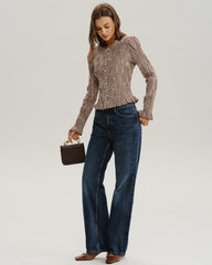 Brown Plaid Shirred Poet Sleeve Blouse | Rihoas