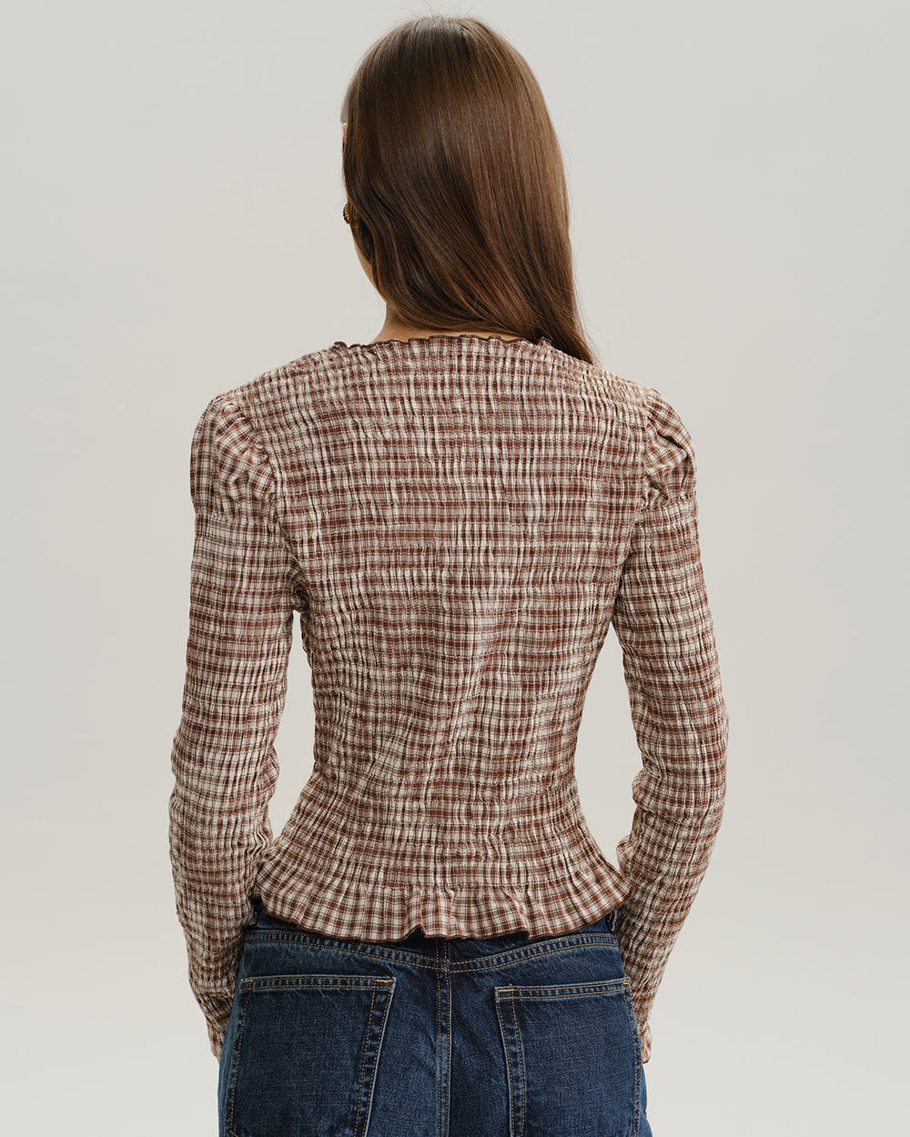 Brown Plaid Shirred Poet Sleeve Blouse | Rihoas
