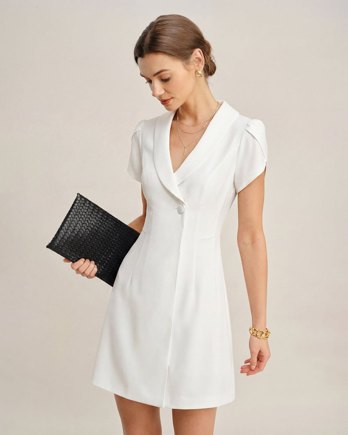 Beige Collar Button Satin Mini Dress | Rihoas