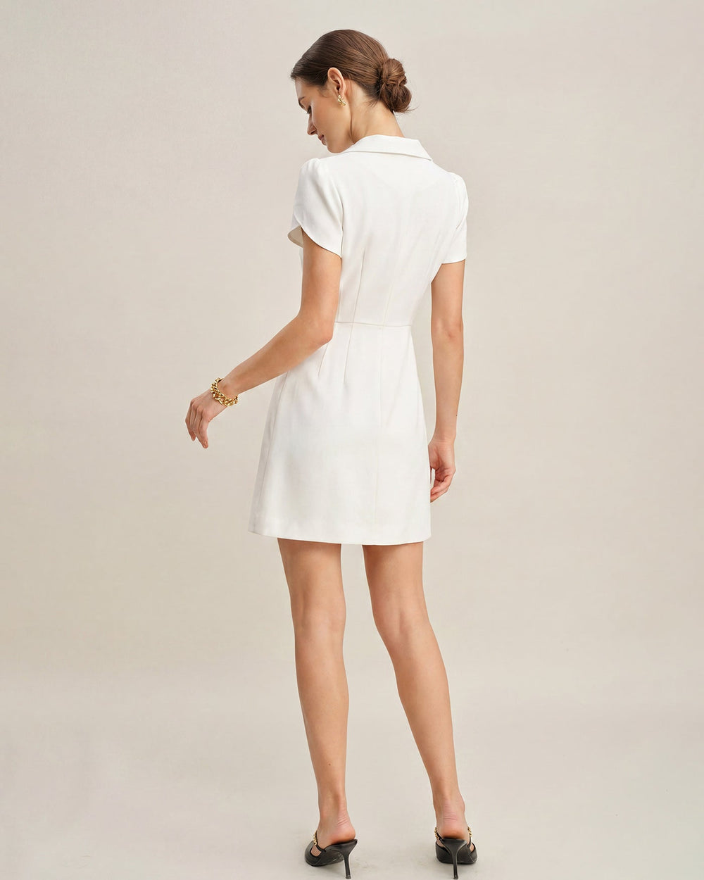 Beige Collar Button Satin Mini Dress | Rihoas