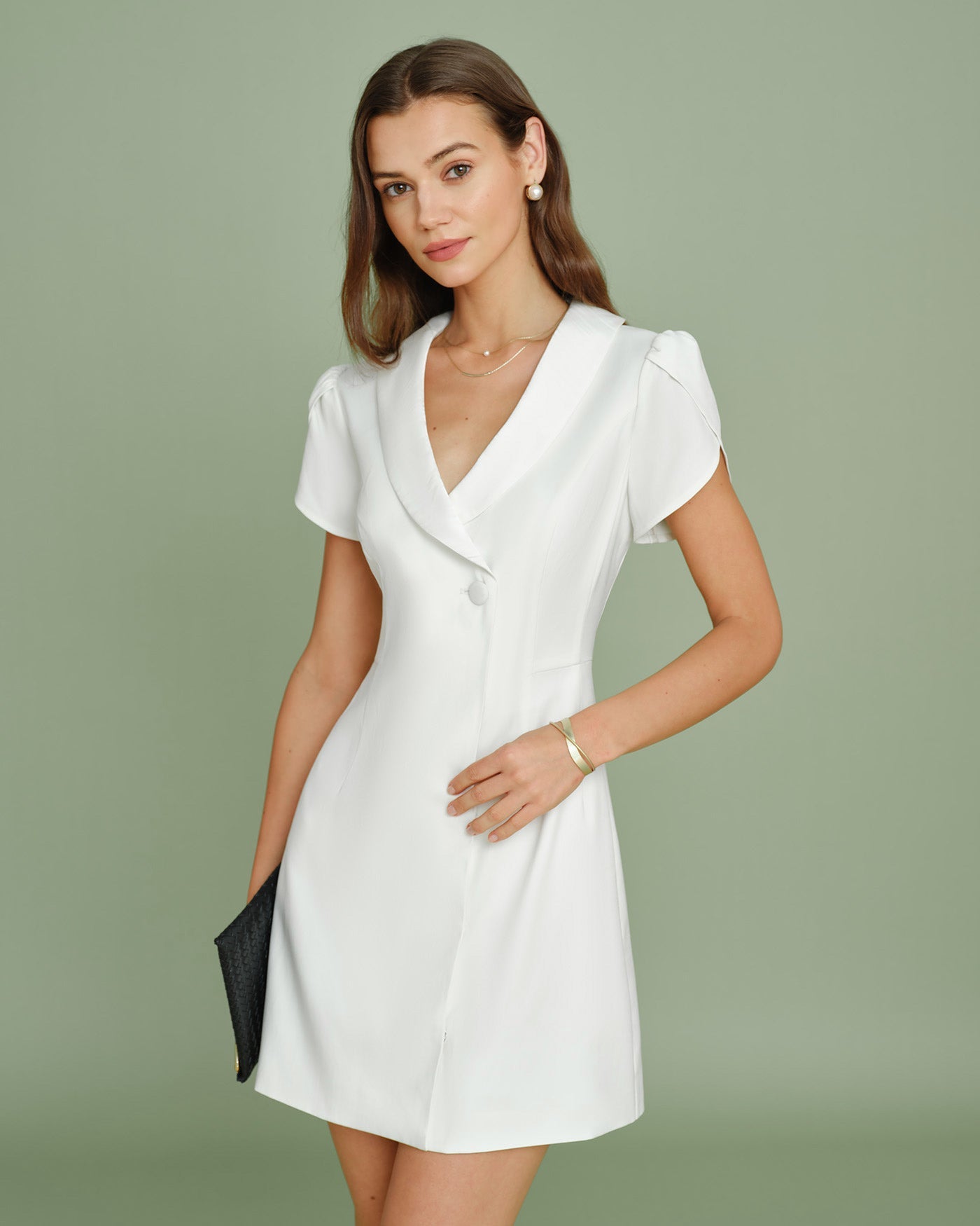 Beige Collar Button Satin Mini Dress | Rihoas