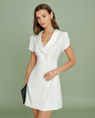 Beige Collar Button Satin Mini Dress | Rihoas