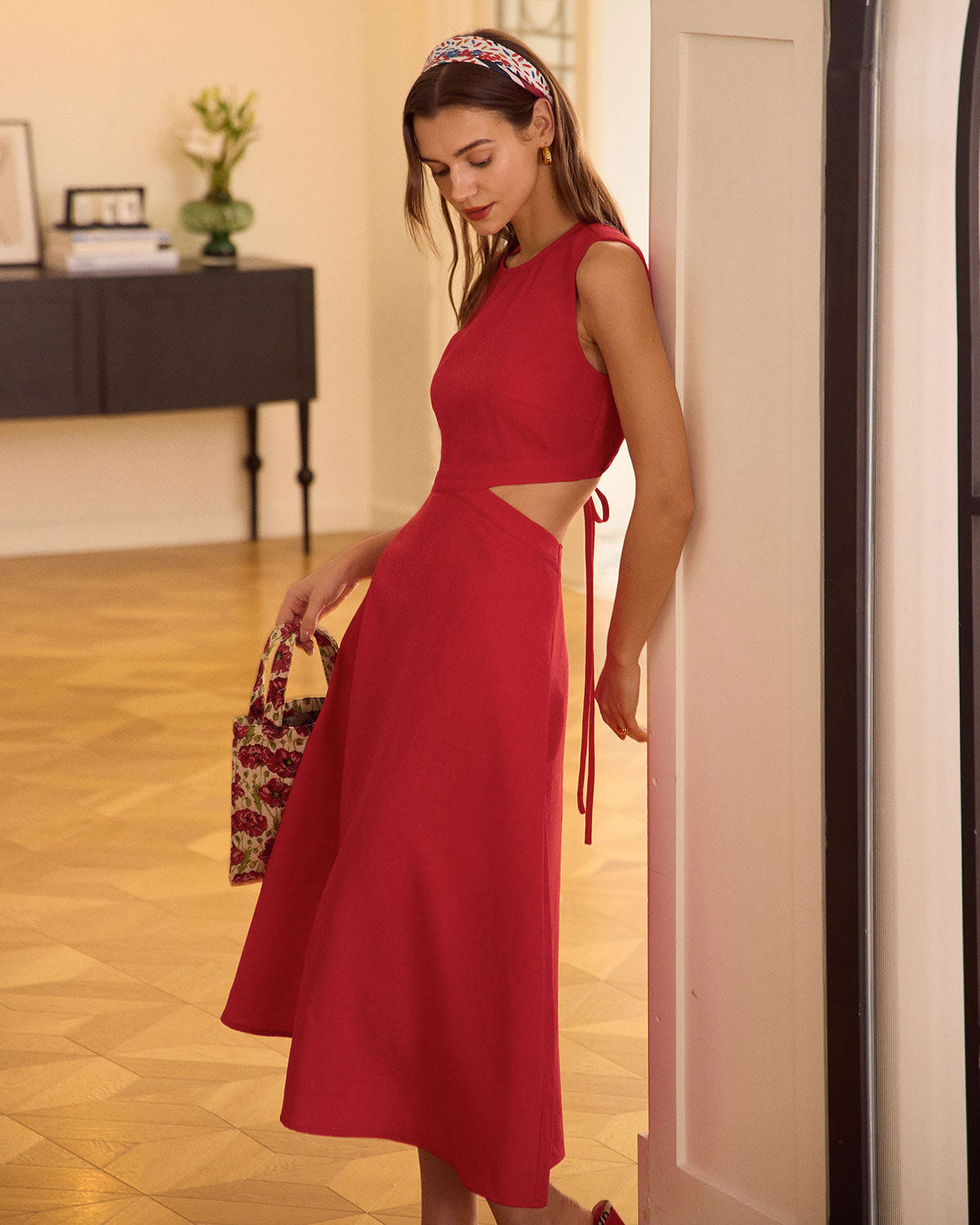 The Red Round Neck Cut-Out Midi Dress | Rihoas