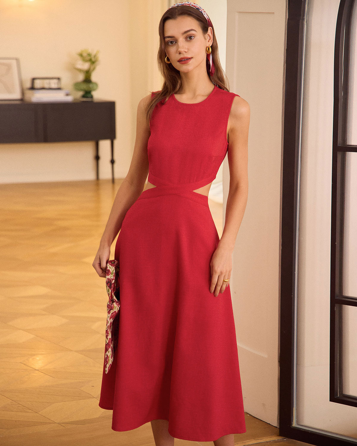 The Red Round Neck Cut-Out Midi Dress | Rihoas