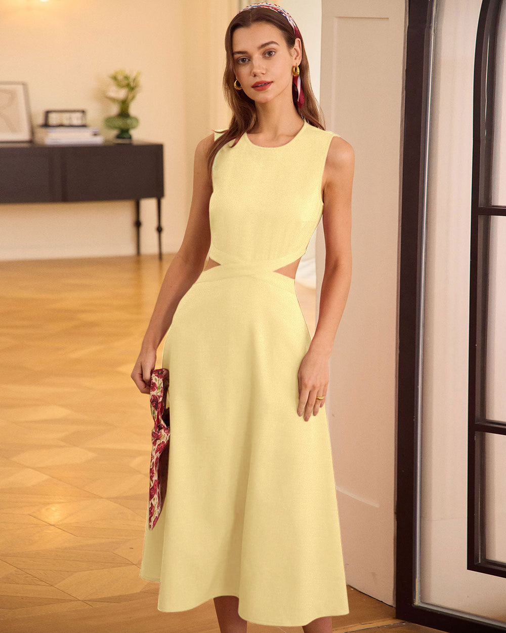 Yellow Round Neck Cut-Out Midi Dress | Rihoas