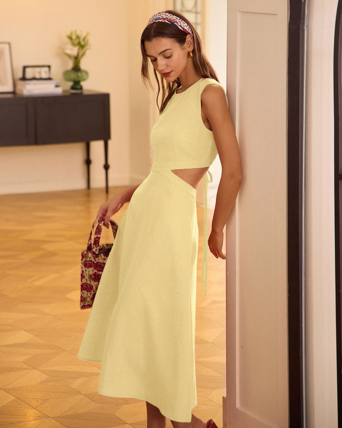 Yellow Round Neck Cut-Out Midi Dress | Rihoas