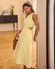 Yellow Round Neck Cut-Out Midi Dress | Rihoas