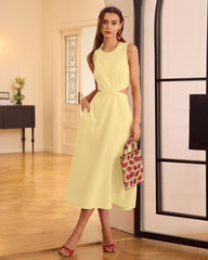 Yellow Round Neck Cut-Out Midi Dress | Rihoas
