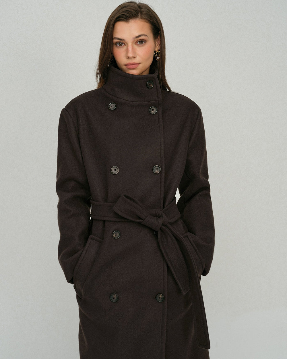 Coffee Belted Pocket Trench Coat | Rihoas