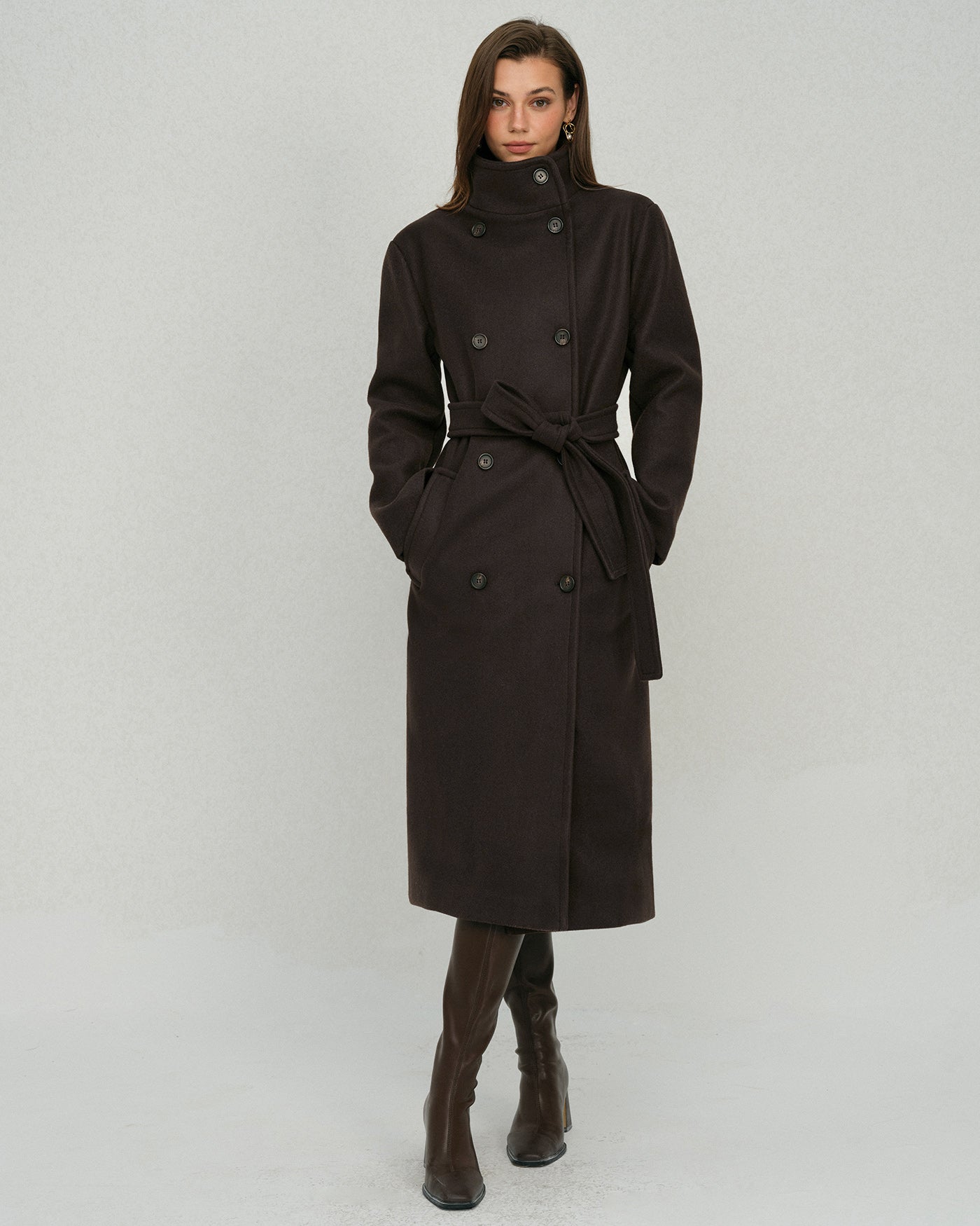 Coffee Belted Pocket Trench Coat | Rihoas