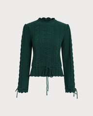 Green Scalloped Lantern Sleeve Sweater | Rihoas