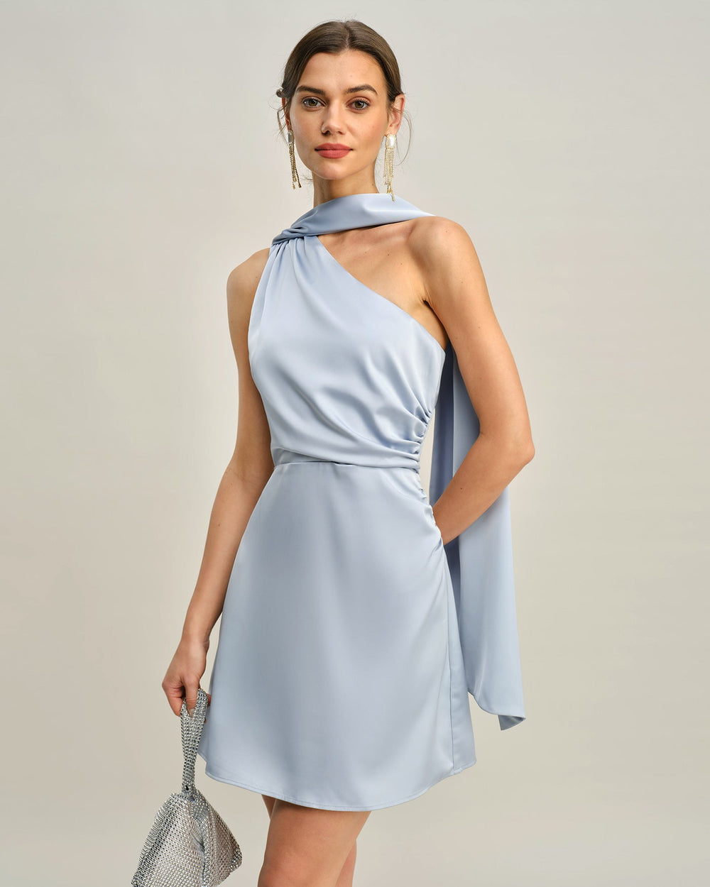 Blue One Shoulder Satin Mini Dress | Rihoas