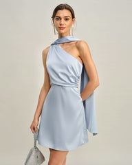 Blue One Shoulder Satin Mini Dress | Rihoas