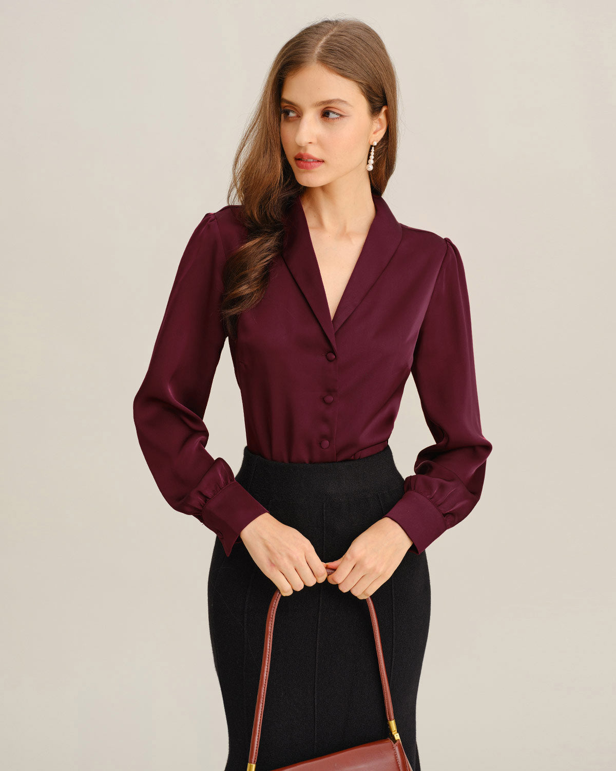 Wine Red Satin Button Shirt | Rihoas