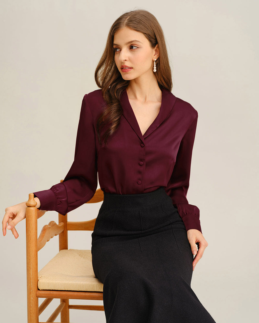 Wine Red Satin Button Shirt | Rihoas