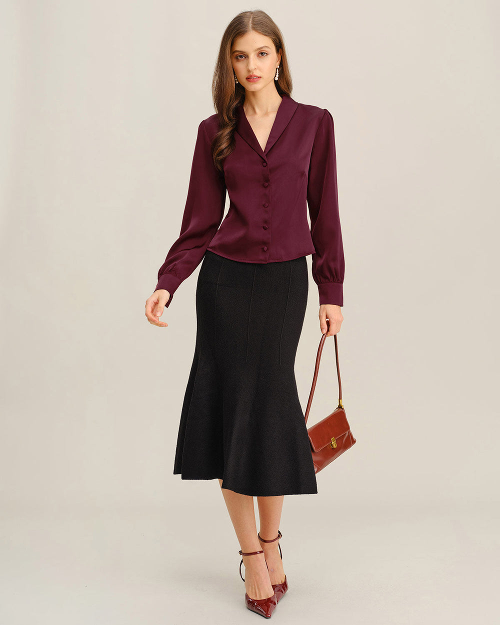 Wine Red Satin Button Shirt | Rihoas