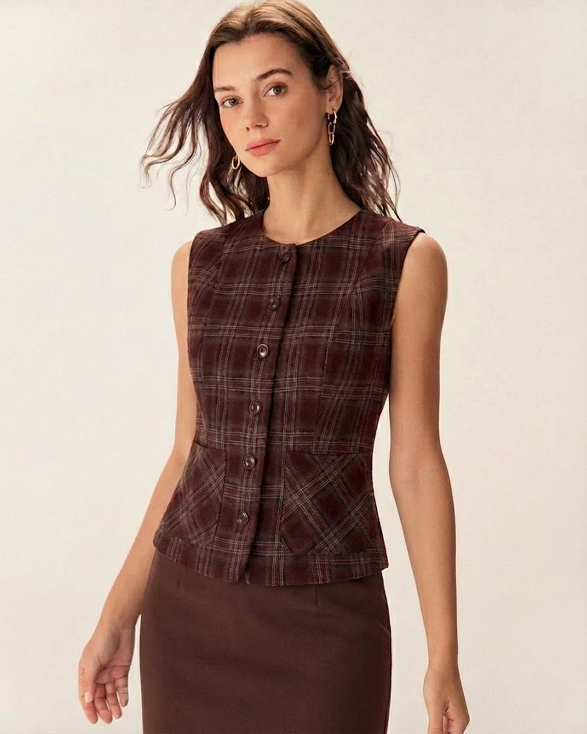 Wine Red Plaid Single Breasted Vest | Rihoas