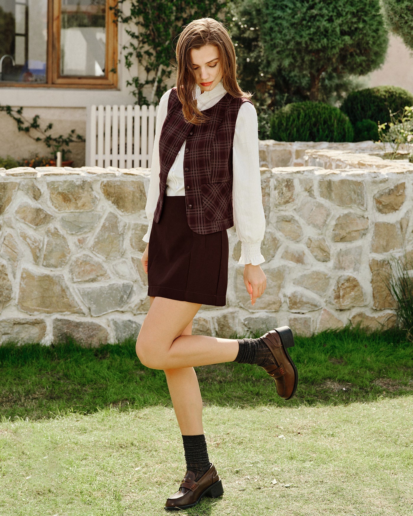 Wine Red Plaid Single Breasted Vest | Rihoas