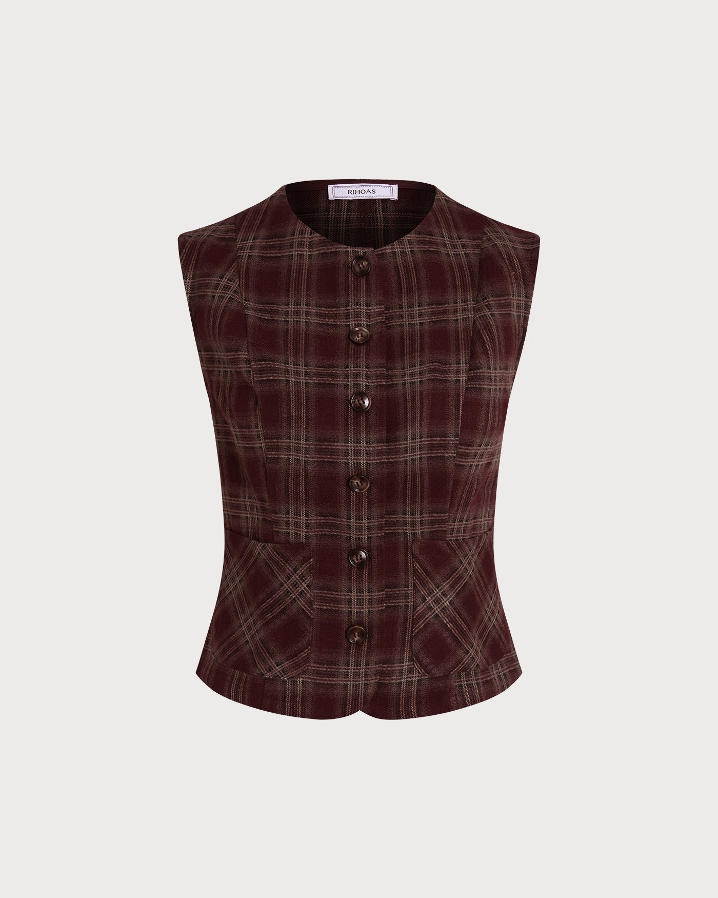 Wine Red Plaid Single Breasted Vest | Rihoas
