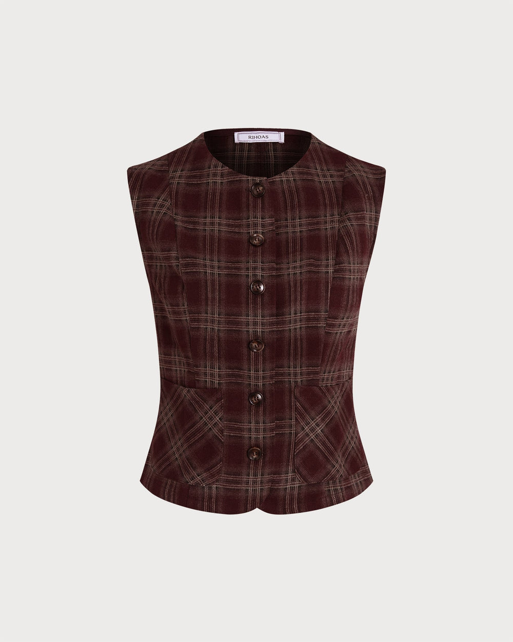 Wine Red Plaid Single Breasted Vest | Rihoas