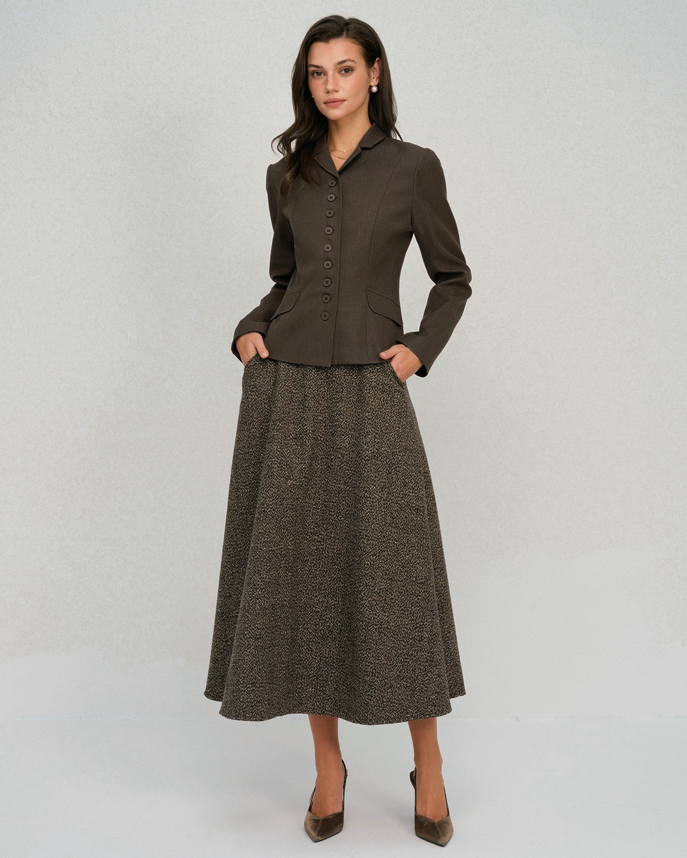 Coffee Single Breasted Solid Jacket | Rihoas
