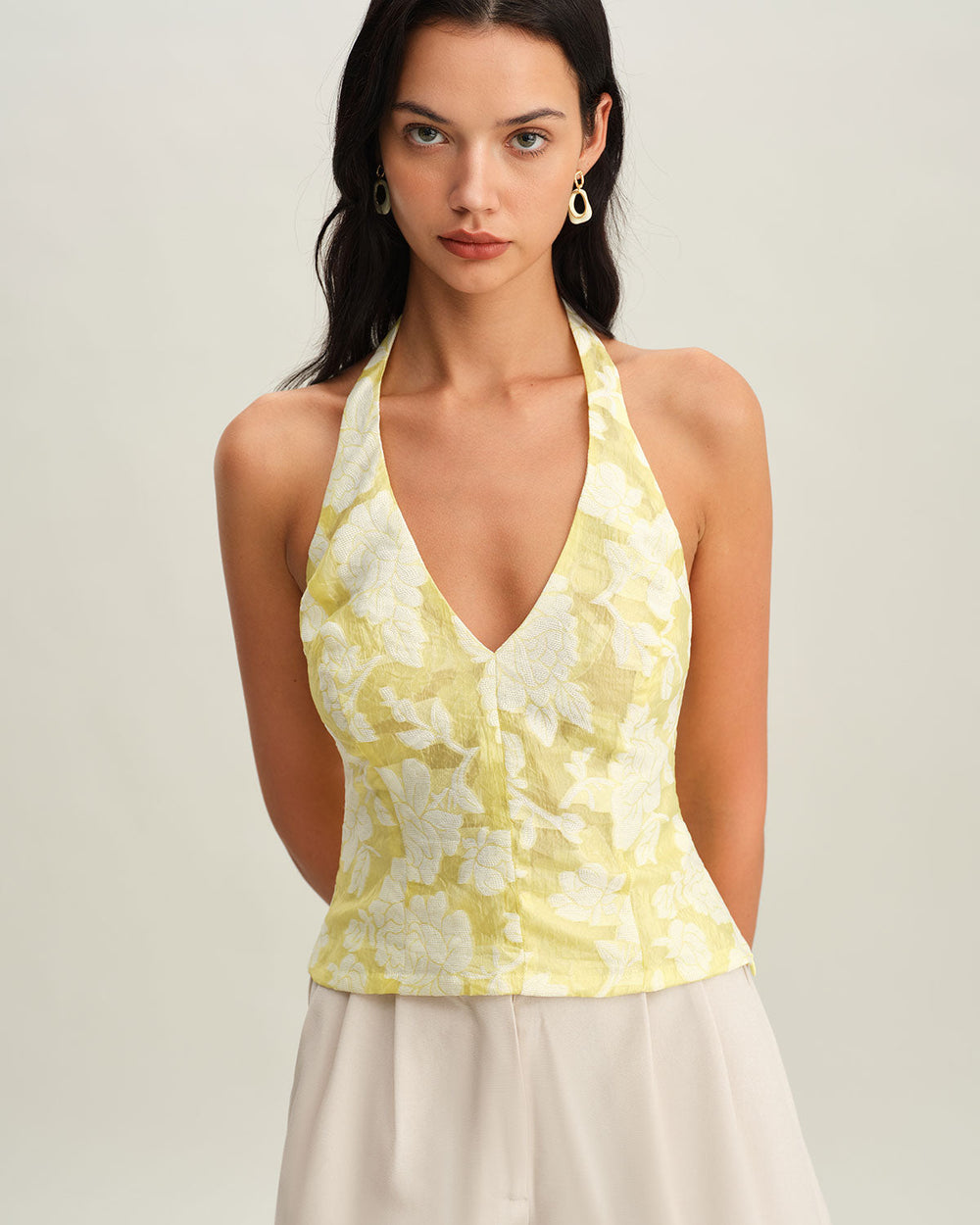 Yellow Floral Halter Top | Rihoas