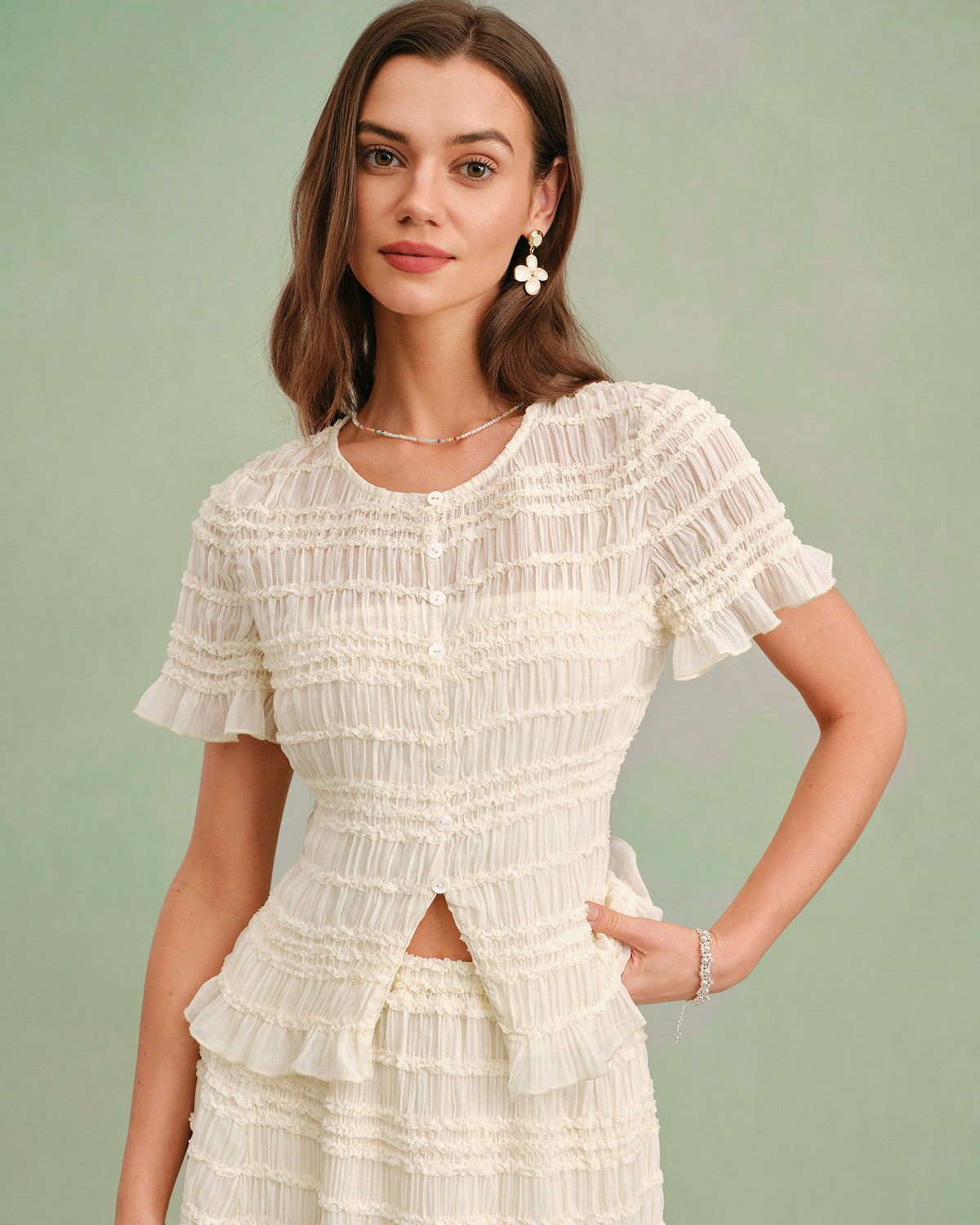Apricot Boat Neck Shirred Tee | Rihoas