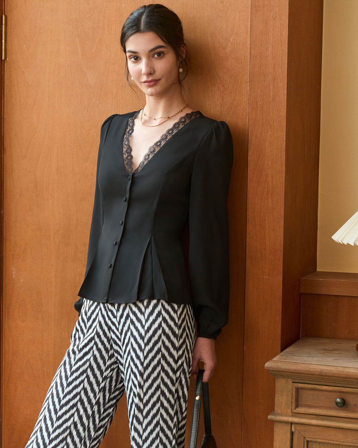 The Black V Neck Lace Trim Button Blouse | Rihoas