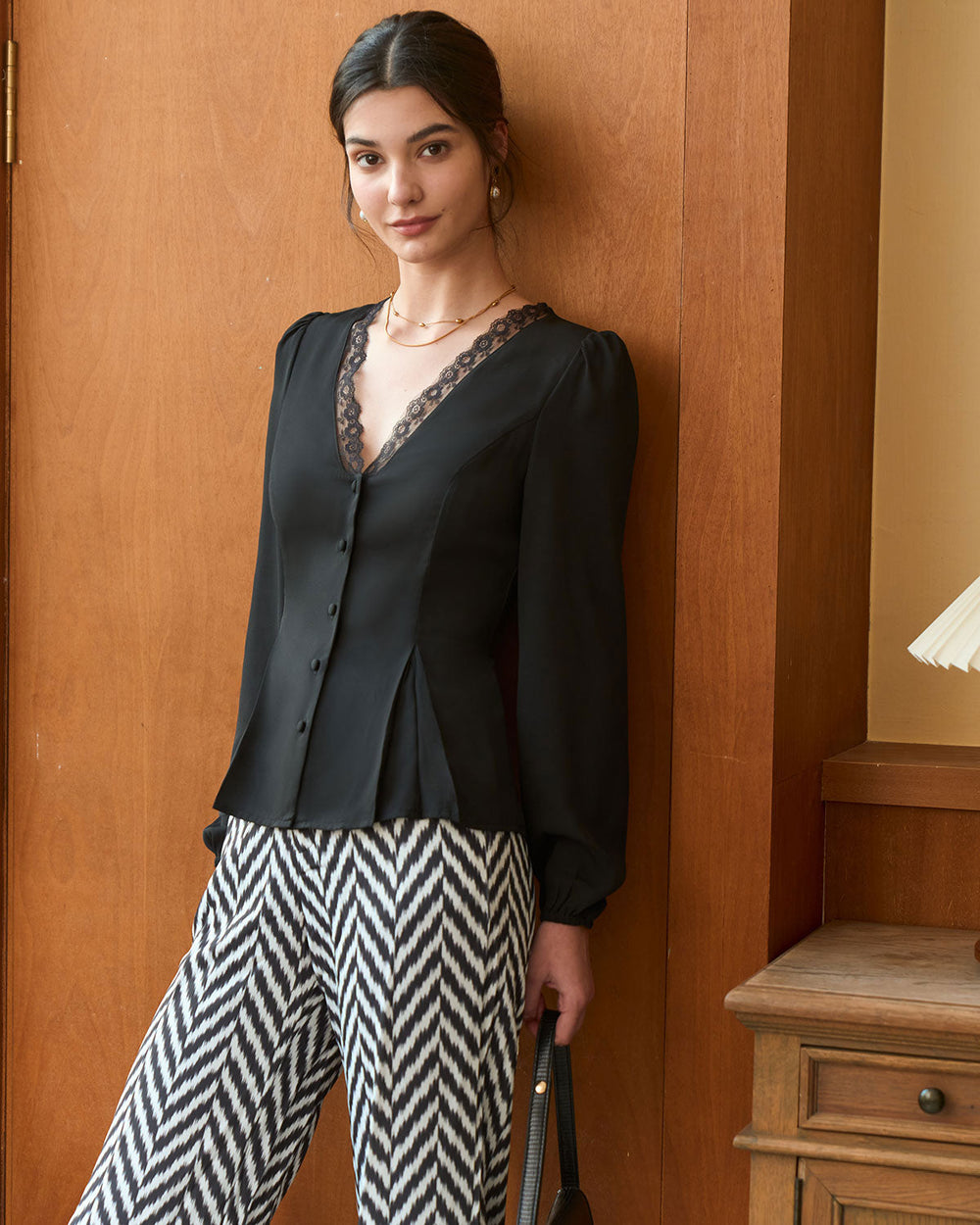 The Black V Neck Lace Trim Button Blouse | Rihoas