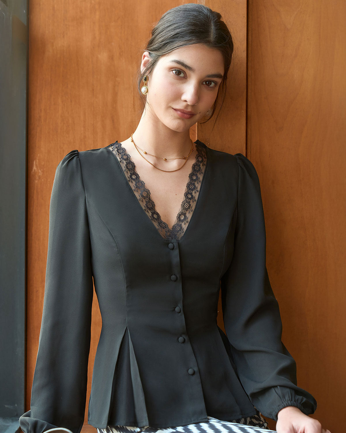 The Black V Neck Lace Trim Button Blouse | Rihoas