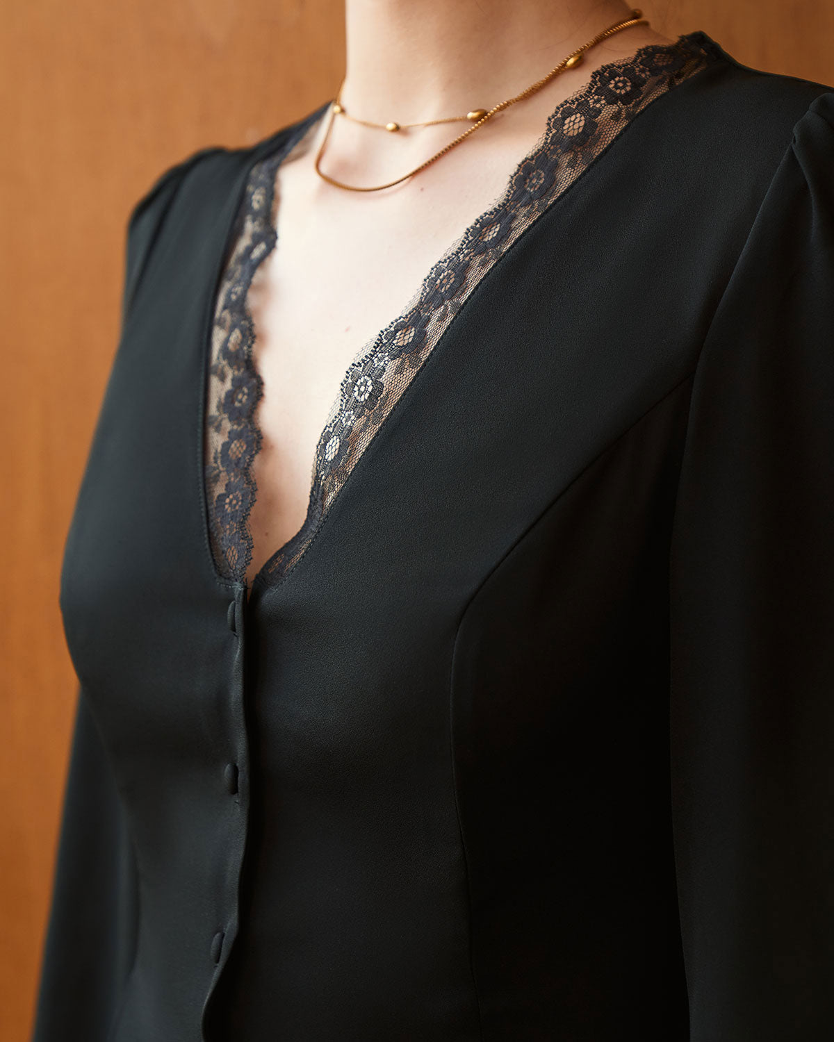 The Black V Neck Lace Trim Button Blouse | Rihoas