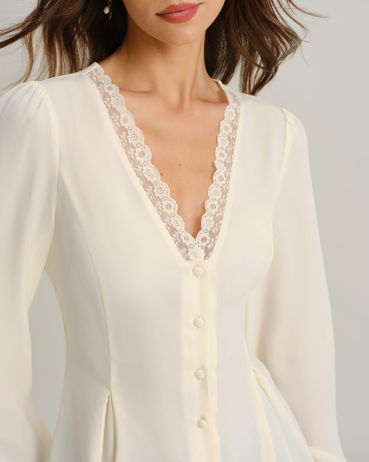 Apricot V Neck Lace Lantern Sleeve Blouse | Rihoas
