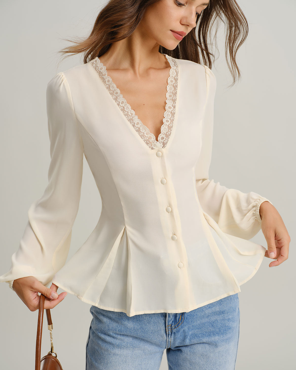 Apricot V Neck Lace Lantern Sleeve Blouse | Rihoas