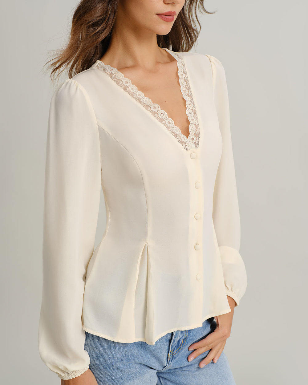 Apricot V Neck Lace Lantern Sleeve Blouse | Rihoas