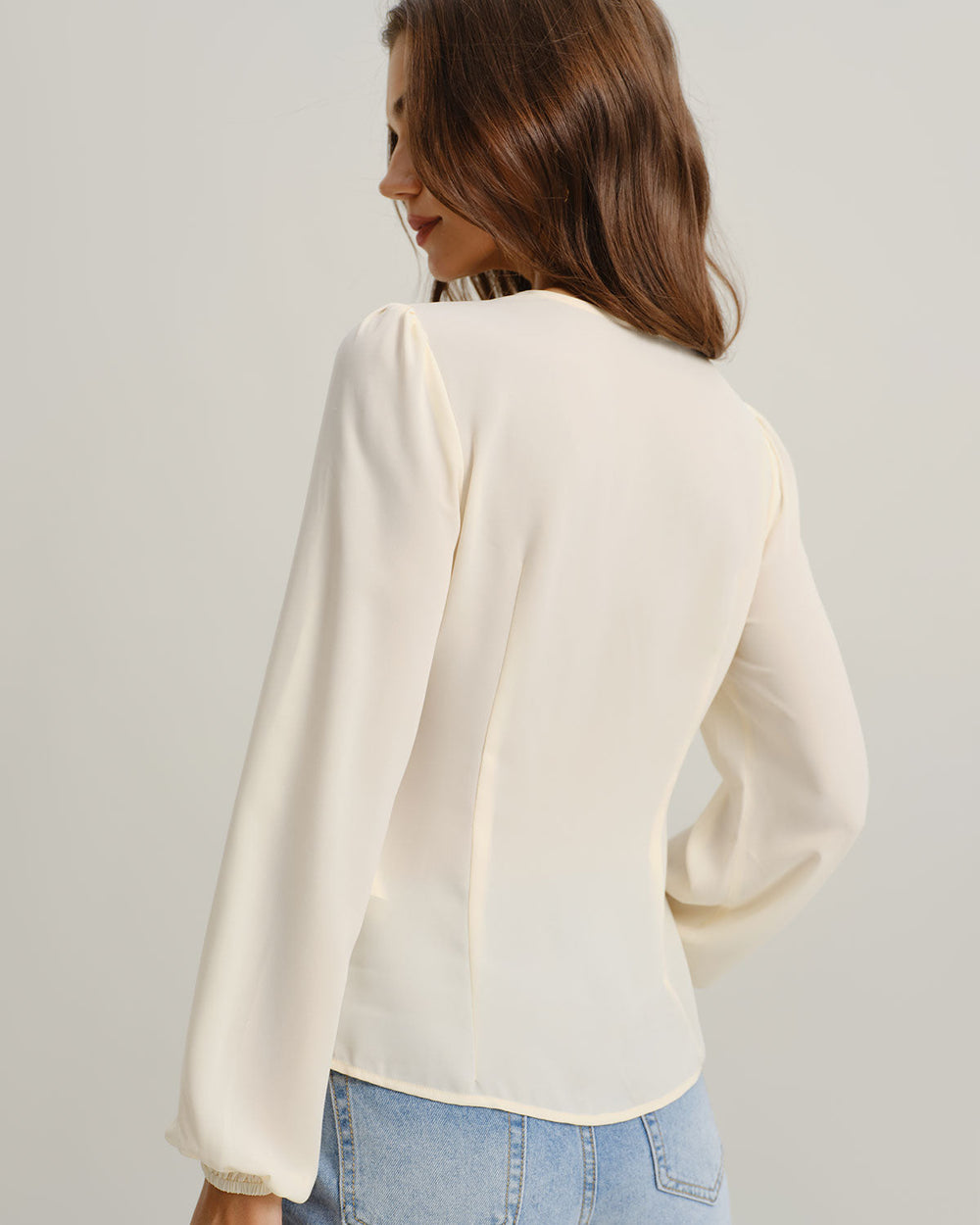Apricot V Neck Lace Lantern Sleeve Blouse | Rihoas