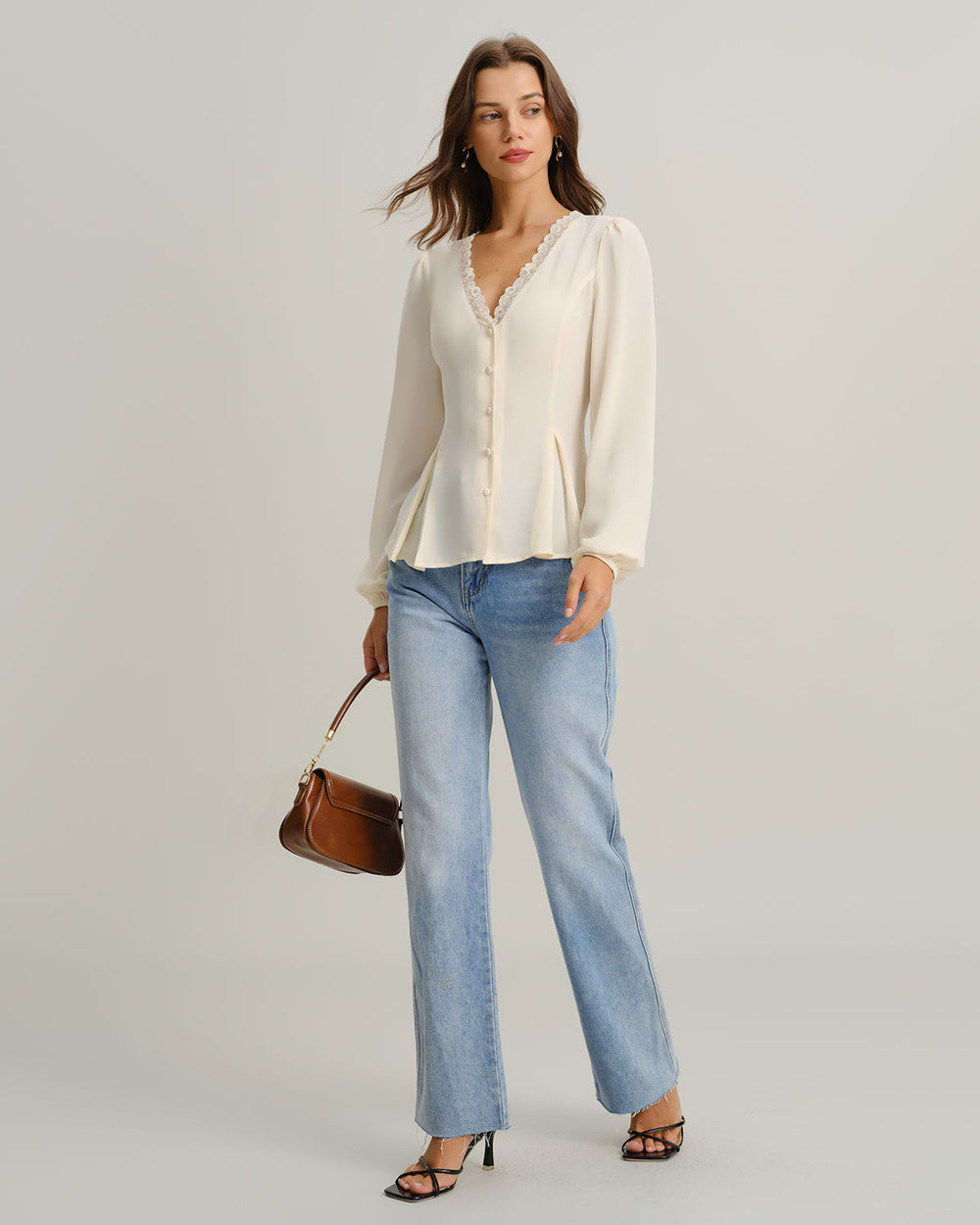 Apricot V Neck Lace Lantern Sleeve Blouse | Rihoas