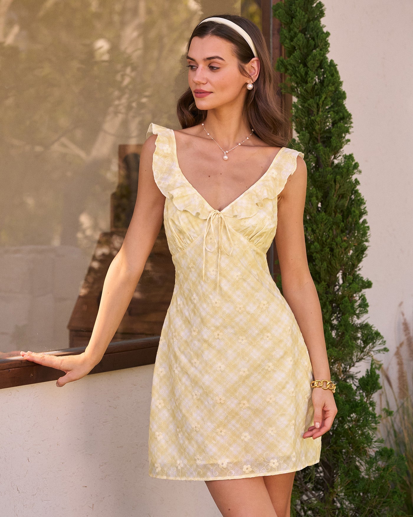 Yellow Plaid Ruffle Sleeveless Mini Dress | Rihoas