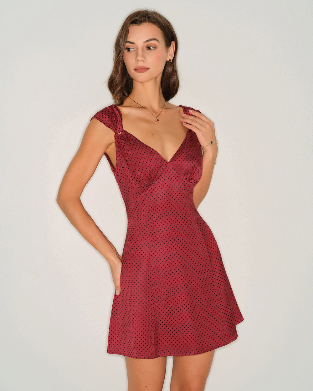 Red Polka Dot Satin Mini Dress | Rihoas
