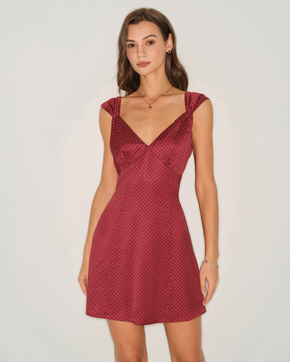 Red Polka Dot Satin Mini Dress | Rihoas