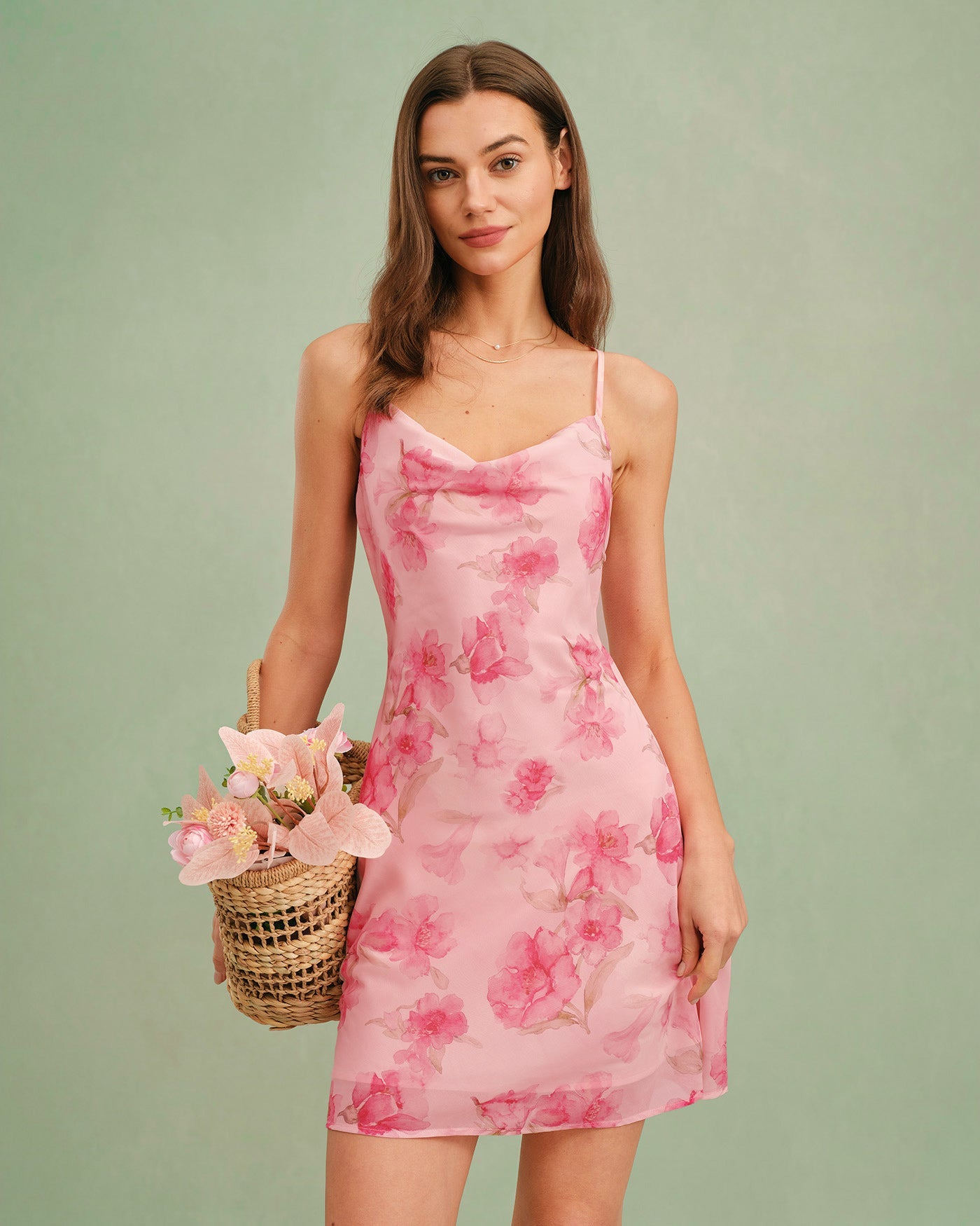 Pink Cowl Neck Floral Slip Mini Dress | Rihoas