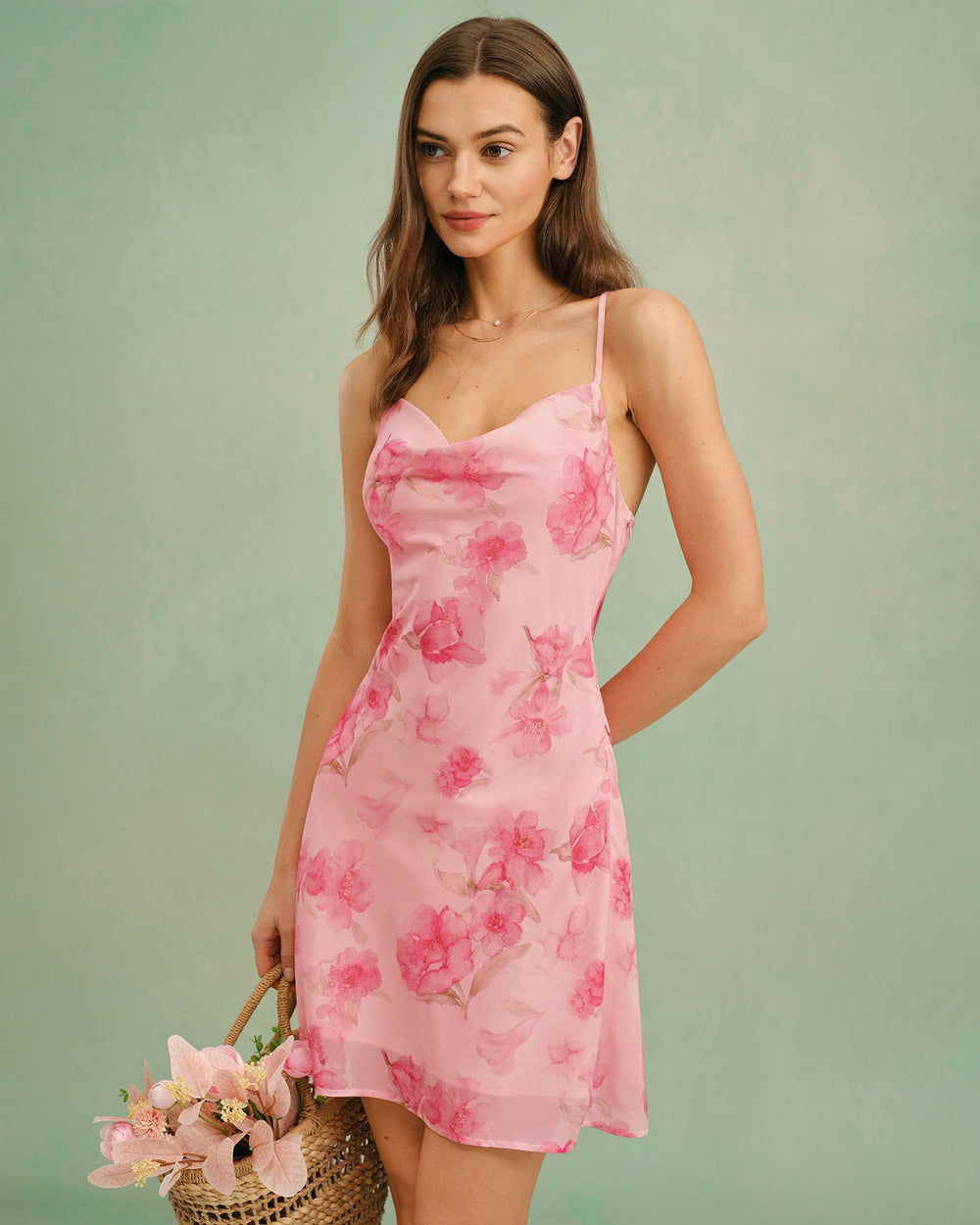 Pink Cowl Neck Floral Slip Mini Dress | Rihoas