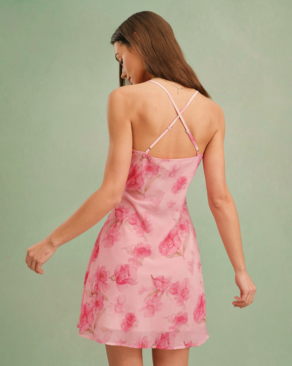 Pink Cowl Neck Floral Slip Mini Dress | Rihoas