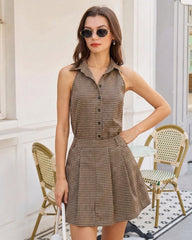 Brown Plaid Ruched Skirt | Rihoas