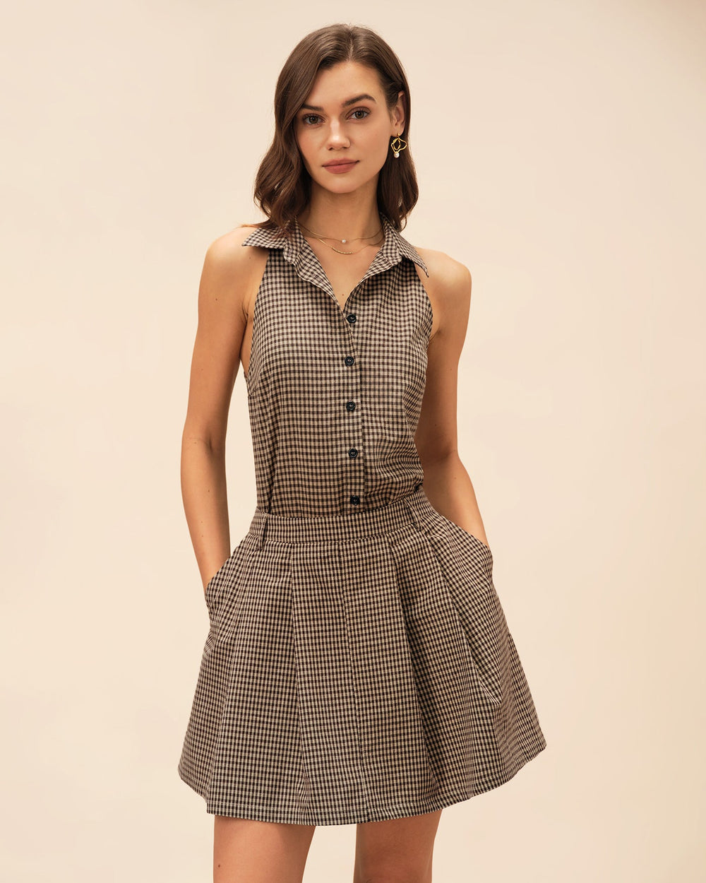 Brown Plaid Ruched Skirt | Rihoas