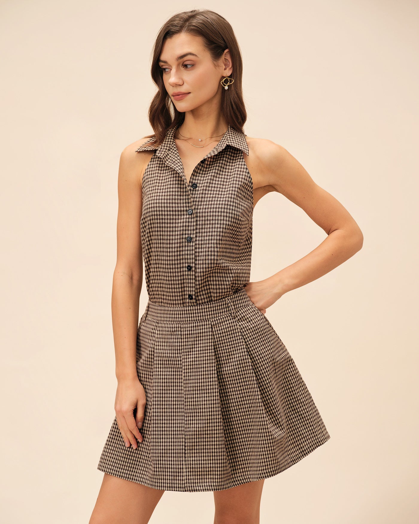Brown Plaid Ruched Skirt | Rihoas