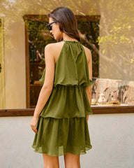 Green Round Neck Flowy Mini Dress | Rihoas