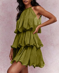 Green Round Neck Flowy Mini Dress | Rihoas